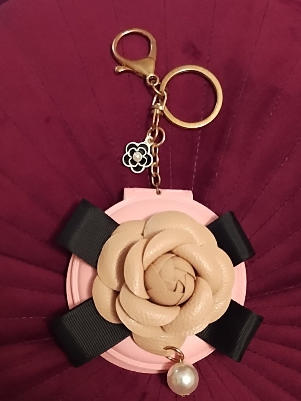Pink & Beige Camilla Flower Keychain Charm w/Folding Mirror